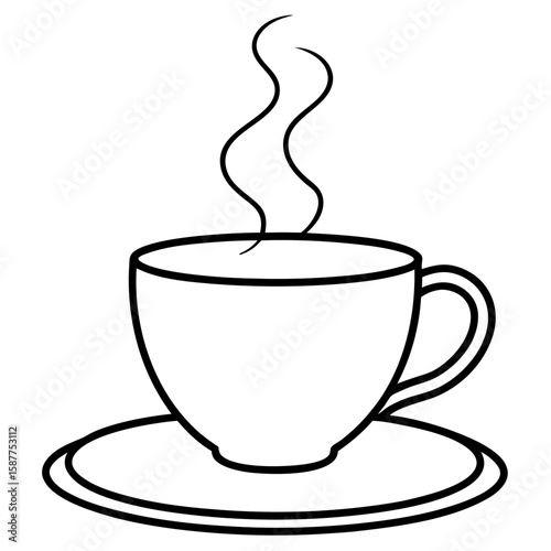 Elegant line art illustration of a teacup with a saucer and swirling steam curls isolated on white background