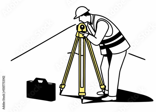 Illustrated surveyor using surveying equipment for construction and land measurements transparent design