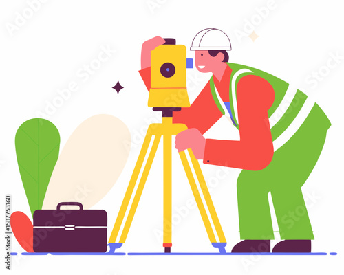 Illustrated surveyor using surveying equipment depicting construction and engineering professions concepts