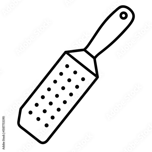 Simple line art illustration of a cheese grater with a handle and holes isolated on white background