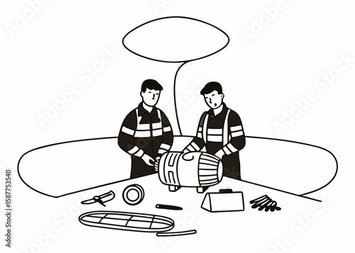 Two technicians inspecting machinery with transparent white background suitable for various design purposes