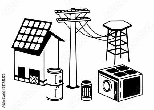 Vector illustration depicting urban infrastructure elements including buildings power lines water towers and storage tanks