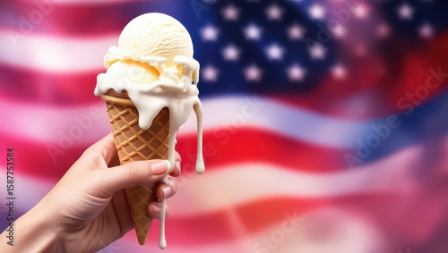 A hand holding a melting ice cream cone with an american flag blurred in the background for july fourth