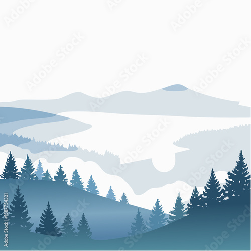 Misty fog drifting across forested hills in layered soft forms, rendered in subtle vector gradients.
