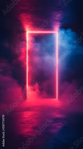 A glowing pink neon rectangle creates a portal effect with colorful smoke