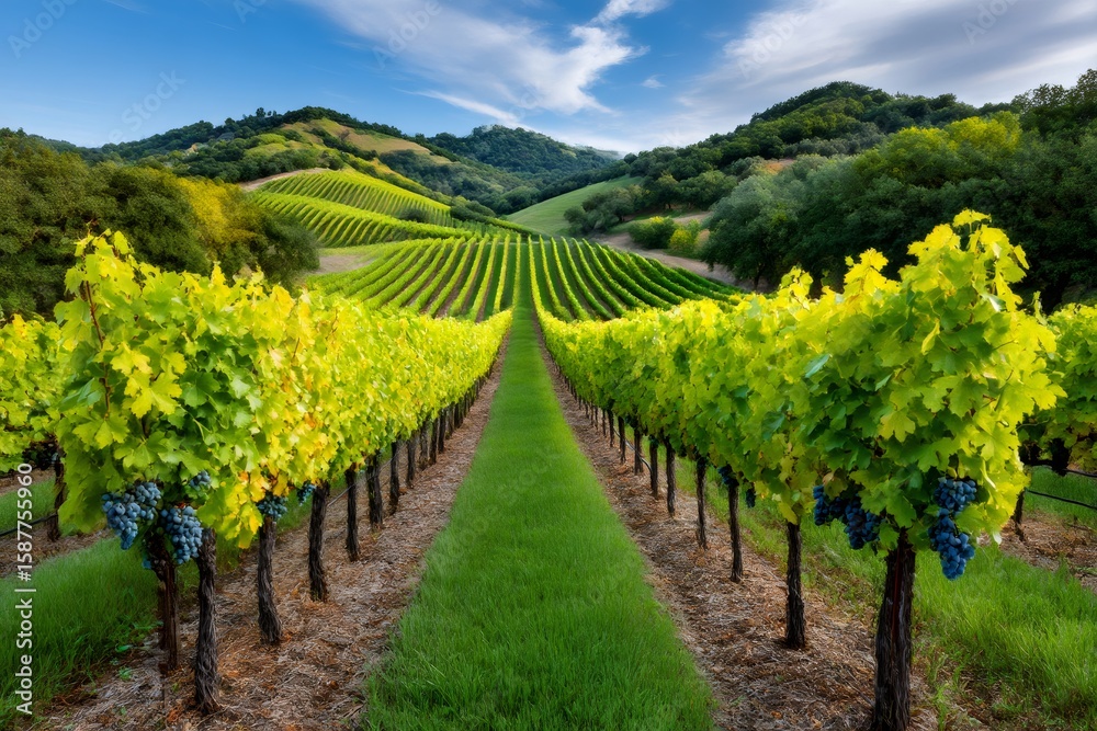 Naklejka premium Scenic view of grapevines growing in a vineyard on a sunny day