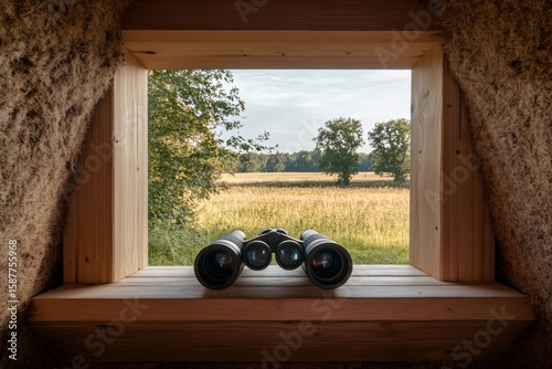 Binoculars waiting on wooden sill for birdwatching in sustainable construction bird hide