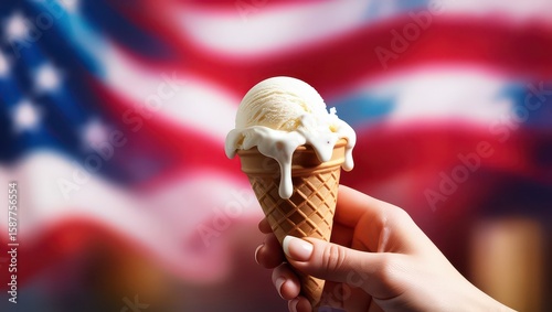 Hand holding melting ice cream cone in front of blurred american flag background outdoors on summer day