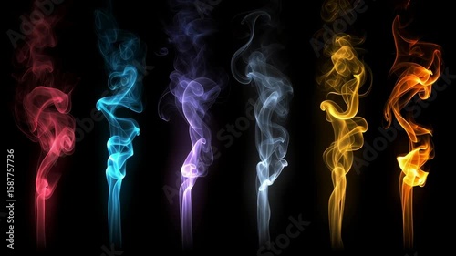 A series of colorful smoke trails, each with a different color. The smoke trails are arranged in a row, with some being more prominent than others. Scene is one of creativity and artistic expression