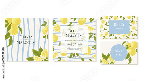 Wedding Invitations In Mediterranean Style With Lemon Pattern And Blue Stripes. Set of Square Invitation Card Templates. Vector