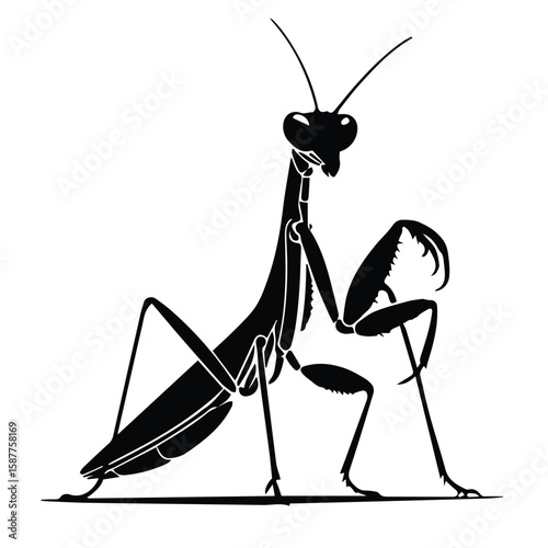 Black and white stylized praying mantis silhouette in a neutral setting. A bold, alert pose against a plain white background.