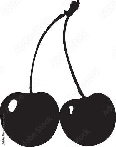 Two black cherries with stems fruit food