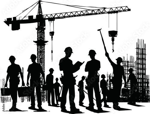 Silhouette of construction workers with crane isolated vector style on white background