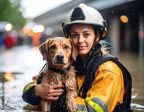 Rescuer in uniform holds scared dog amidst city flood while providing comfort and safety. Brave officer save frightened canine during urban deluge offer care and protection.