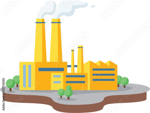 Illustration of a yellow factory with smoke coming out of the chimneys on an island