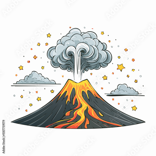 Erupting volcano with flowing lava and smoke column against night silhouette, drawn in bold vector form.