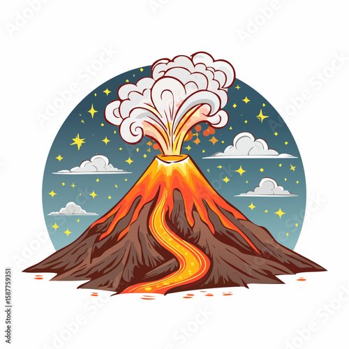 Erupting volcano with flowing lava and smoke column against night silhouette, drawn in bold vector form.