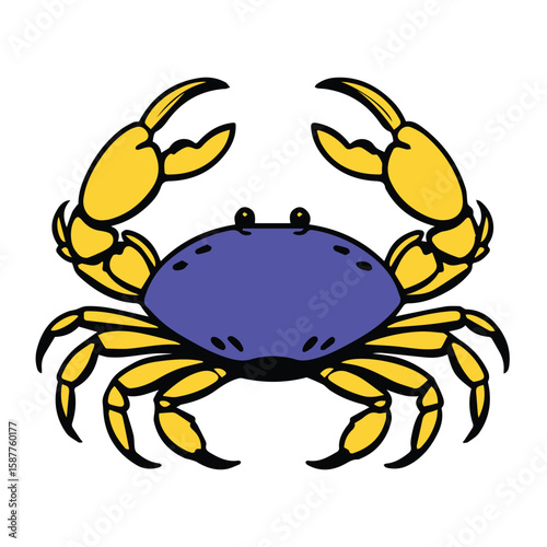 Cartoon crab in bold yellow and purple colors. Symmetrical pose against a plain white background. Design element for commercial use. Colorful illustration of crab.
