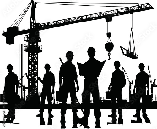 Silhouette of construction workers with crane isolated vector style on white background