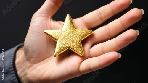 Hand Holding Gold Star Ornament Closeup with Focus on Texture and Detail