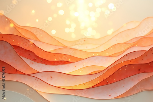 Wall art of an abstract desert landscape in layered recycled paper ombre ochre, blush, ivory with glowing bokeh, AI-generated