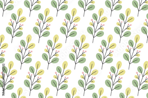 Whimsical vector seamless pattern of foliage and berries in pastel tones. Great for crafting, packaging, or web design, evoking a fresh, nature-inspired vibe.
