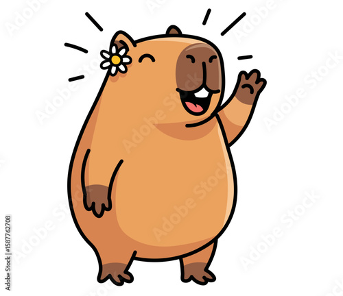 Friendly cartoon capybara waving hello with a happy smile. Cute character with a daisy flower, symbolizing kindness and positive vibes. Perfect vector mascot for a brand, community, or greeting card. 