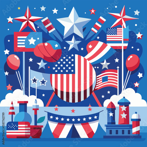 Fourth of July celebration banner with USA flag stars and stripes, a patriotic symbol of American Independence Day