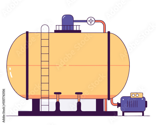 Illustration of a large industrial tank with a ladder and associated equipment on a white background for engineering and energy concepts