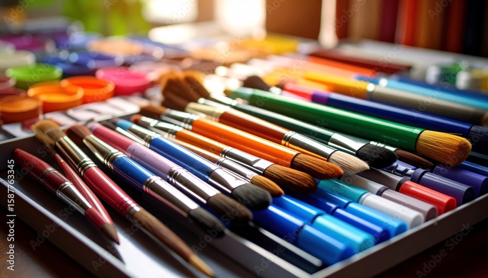 Fototapeta premium Highlighting diverse art supplies such as brushes, watercolors, or colorful markers 
