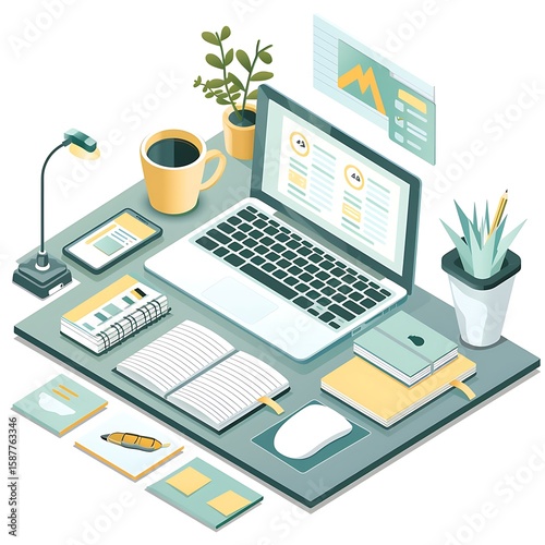 Modern Office Desk Workspace with Laptop Notebook Coffee Plant Smartphone