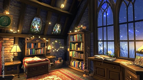Cozy Nighttime Reading Scene in Enchanting Attic Library with Warm Lighting and Starry Sky View