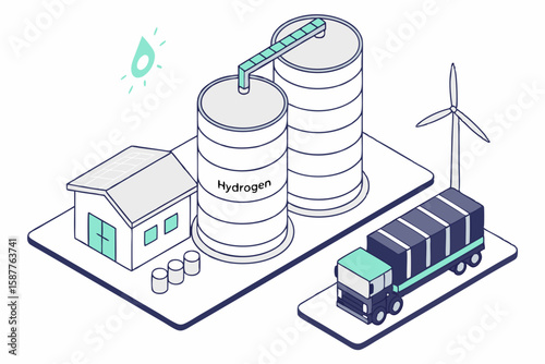 Sustainable hydrogen energy production illustrated with renewable resources like solar wind and transportation for clean power solutions.