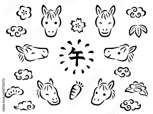 手描き風の馬の顔と和風の線画アイコンセット