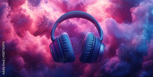 Blue Headphones Floating in Pink and Purple Dream Cloudscape

