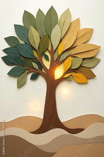 Wall art of a stylized tree layered from recycled cardboard in ombre earth tones, with linen-textured roots and glowing bokeh rising through the canopy, AI-generated