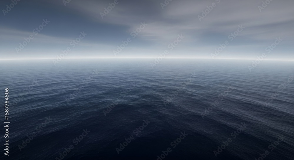 Obraz premium Serene Ocean Horizon - Tranquil waters, vast expanse, moody sky, peaceful atmosphere, horizon view. Symbolizing calmness, infinity, mystery, freedom, contemplation.