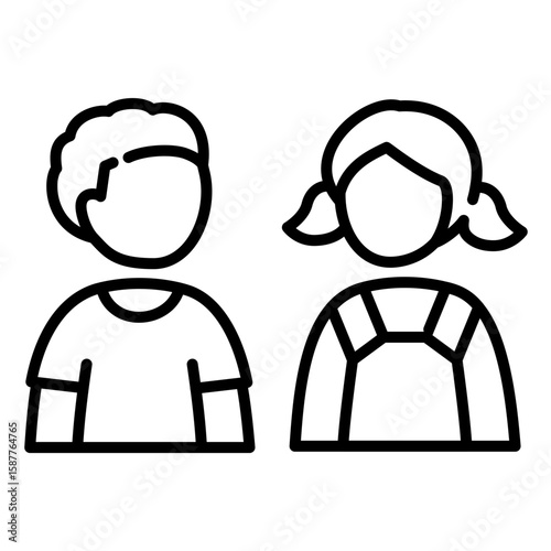 Two children, boy and girl icon. Vector of young kids for school, childcare, or family concepts. Line illustration with adjustable stroke weight.