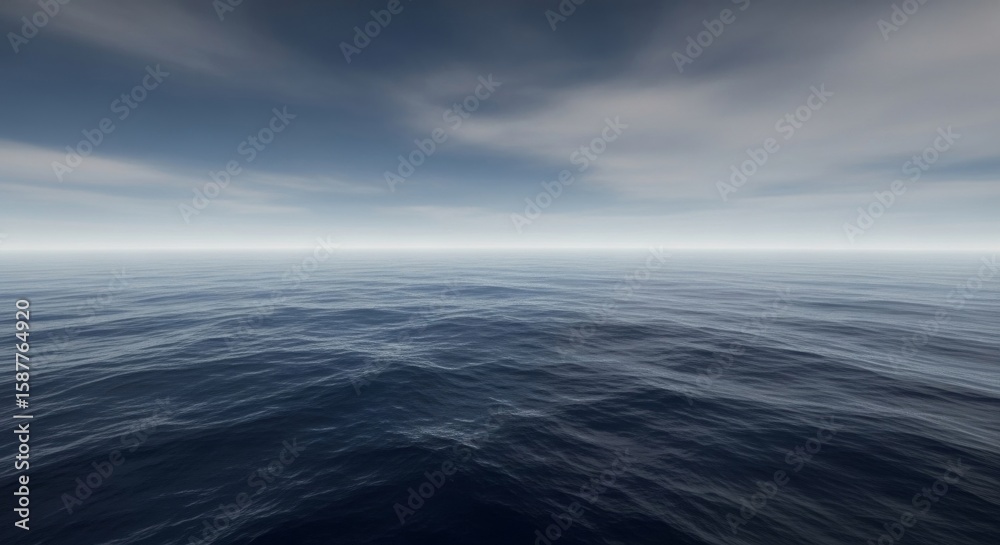 Fototapeta premium Serene Ocean Horizon - Tranquil ocean scene, vastness, calmness, blue waters, horizon. Symbolizing peace, infinity, mystery, serenity, exploration.