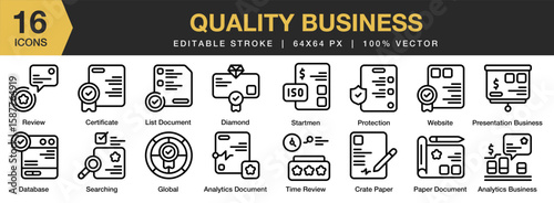 Quality Business icon set. Editable Stroke Icon Collection. Includes quality, business, success, strategy, management, and More. Outline icons vector collection.