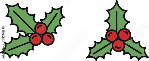 Two stylized holly sprigs with red berries.