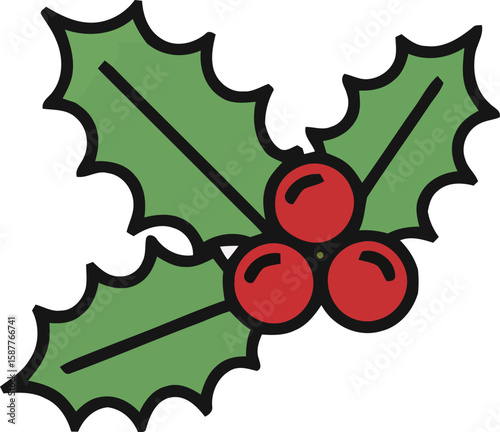 Illustration of a holly sprig with green leaves and bright red berries.