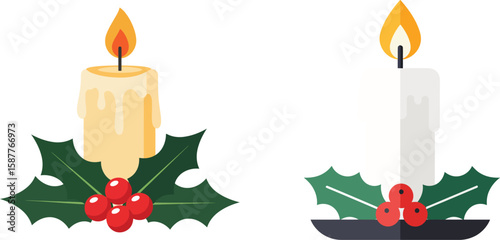 Two lit candles decorated with holly leaves and red berries, festive seasonal illustration.