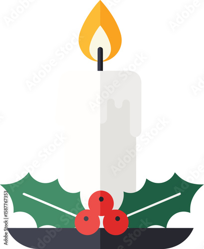 A lit white candle adorned with holly and berries, symbolizing winter holidays.