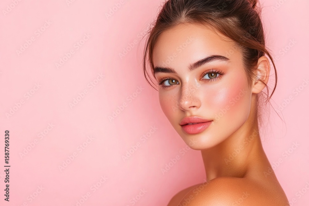Fototapeta premium Radiant skin concept, woman on pastel background posing softly
