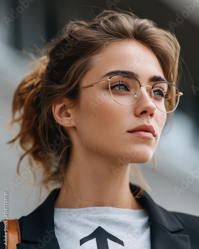 A young woman with glasses looking confidently into the distance.