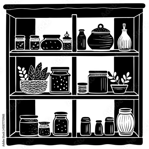 Wooden open shelves with labeled jars, dried herbs, baskets, and canned goods. Earthy tones and country kitchen feel.