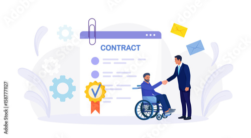 Disabled man in wheelchair shaking hands with colleague. Businessman handshake with employee with disability. Employment contract agreement, corporate partnership document with signature