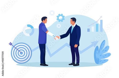 Disabled man with prosthesis shaking hands with colleague. Businessman handshake with employee with disability. Employment contract agreement. Business collaboration, partnership