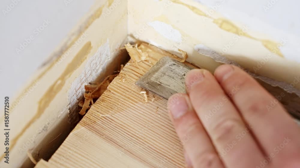 Close-up of a person scraping hardened glue and debris from the wooden floor edge using a metal tool, prepping the surface for restoration, corner of a room, static camera, real time